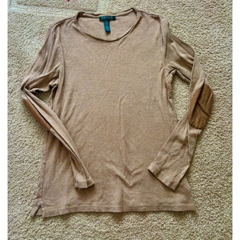 Lauren Ralph Lauren Shirt Women Medium Brown Tan Elbow Patch Ribbed Tee